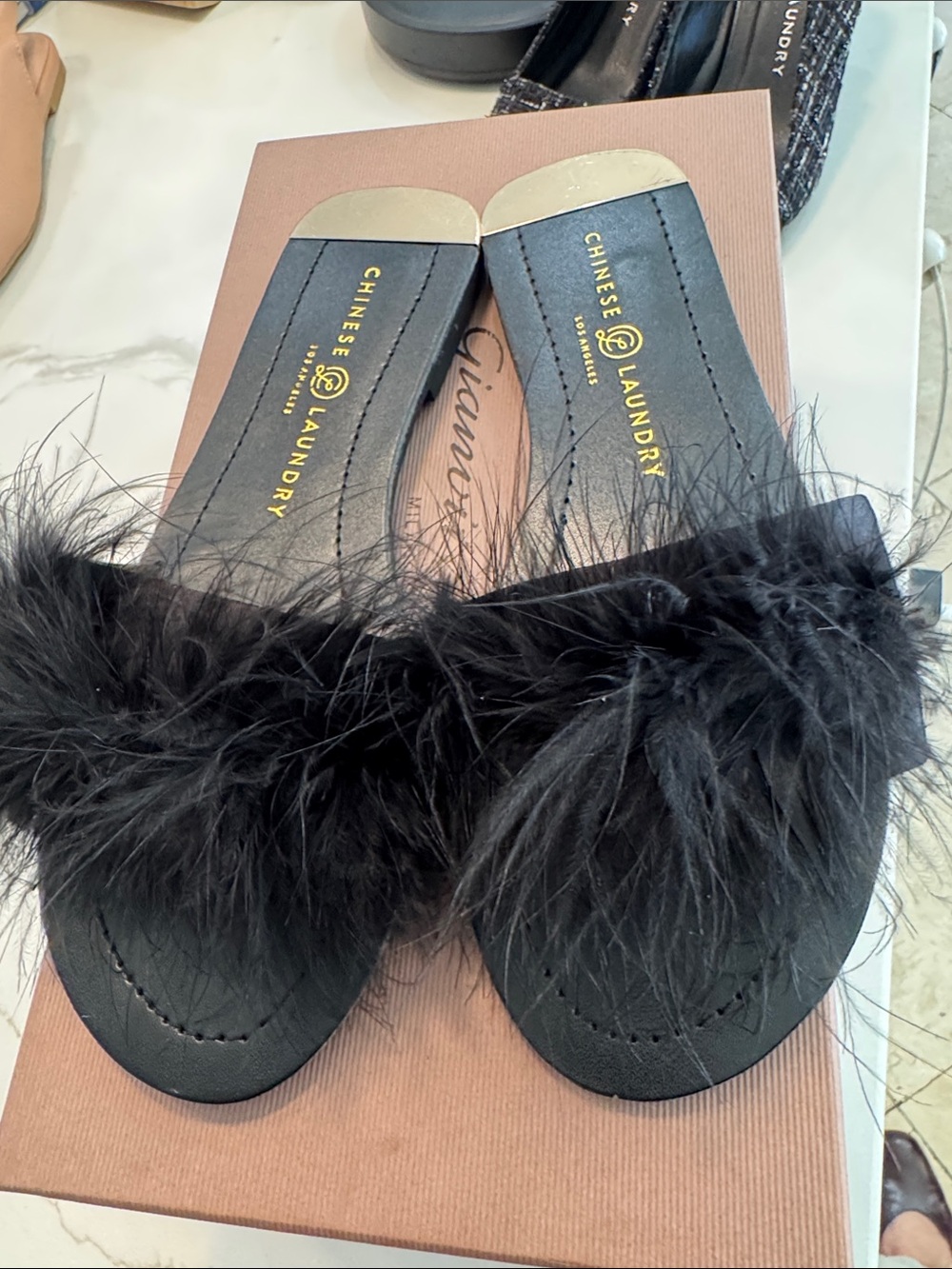 Chinese Laundry Black Feather Slide Mules